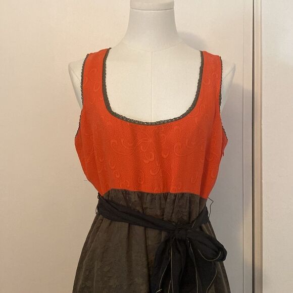 Anthropologie Moulinette Soeurs Orange & Olive Floral Imprint Colorblock Dress - Picture 4 of 14